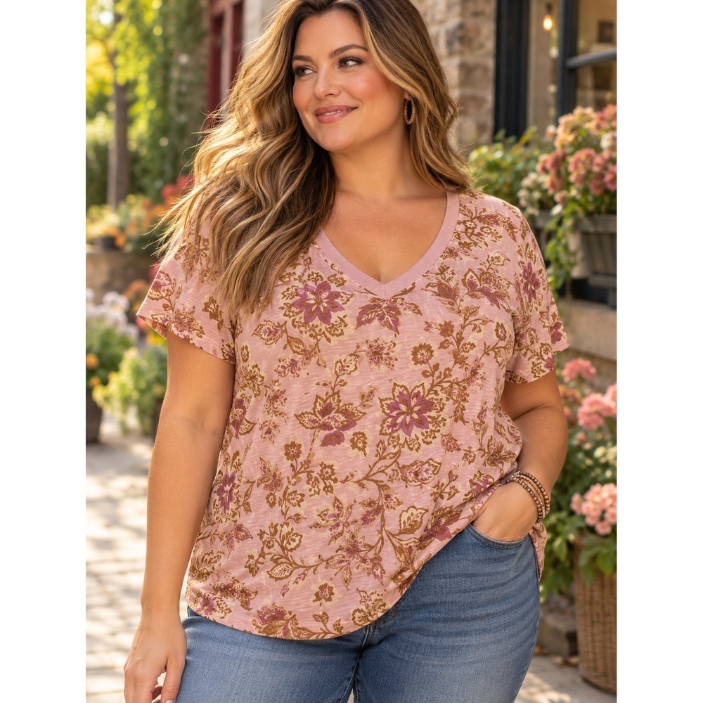Torrid Size 0 Floral V Neck T Shirt Pink Brown Boho 100% Cotton Short Sleeve